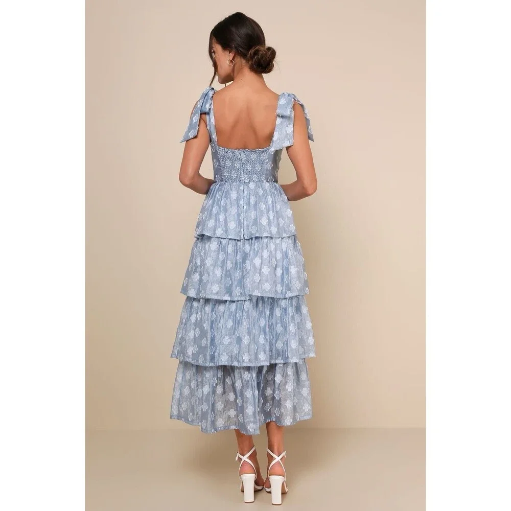 Lulus Gorgeous Excellence Light Blue Tiered Midi Floral Burnout Corset Size XS - Picture 2 of 11